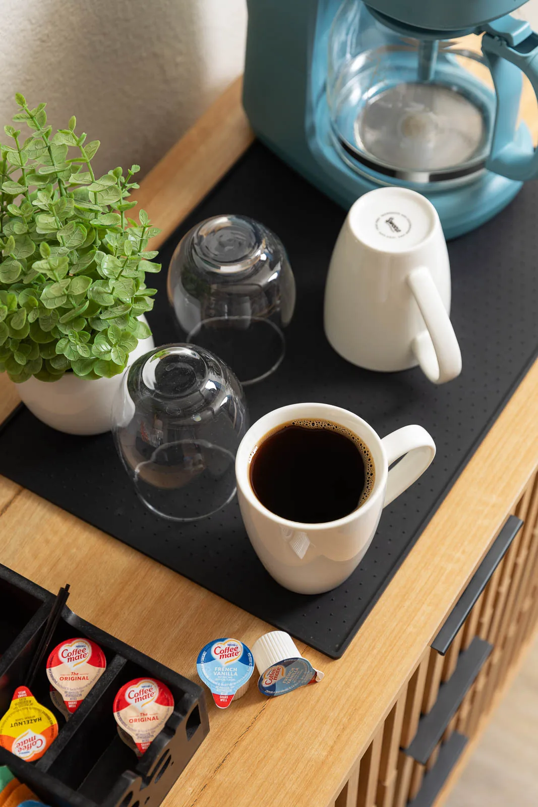 Coffee and drinkware at the King Lodge Suite coffee station