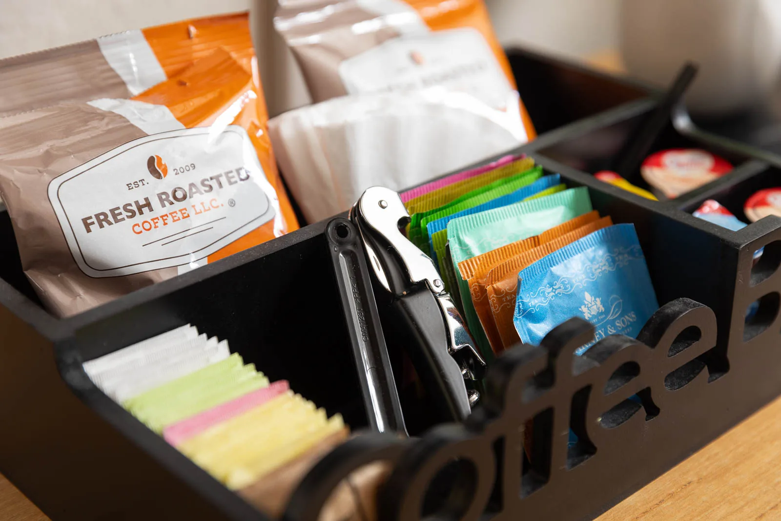 Coffee, tea, and guest essentials in the King Lodge Suite