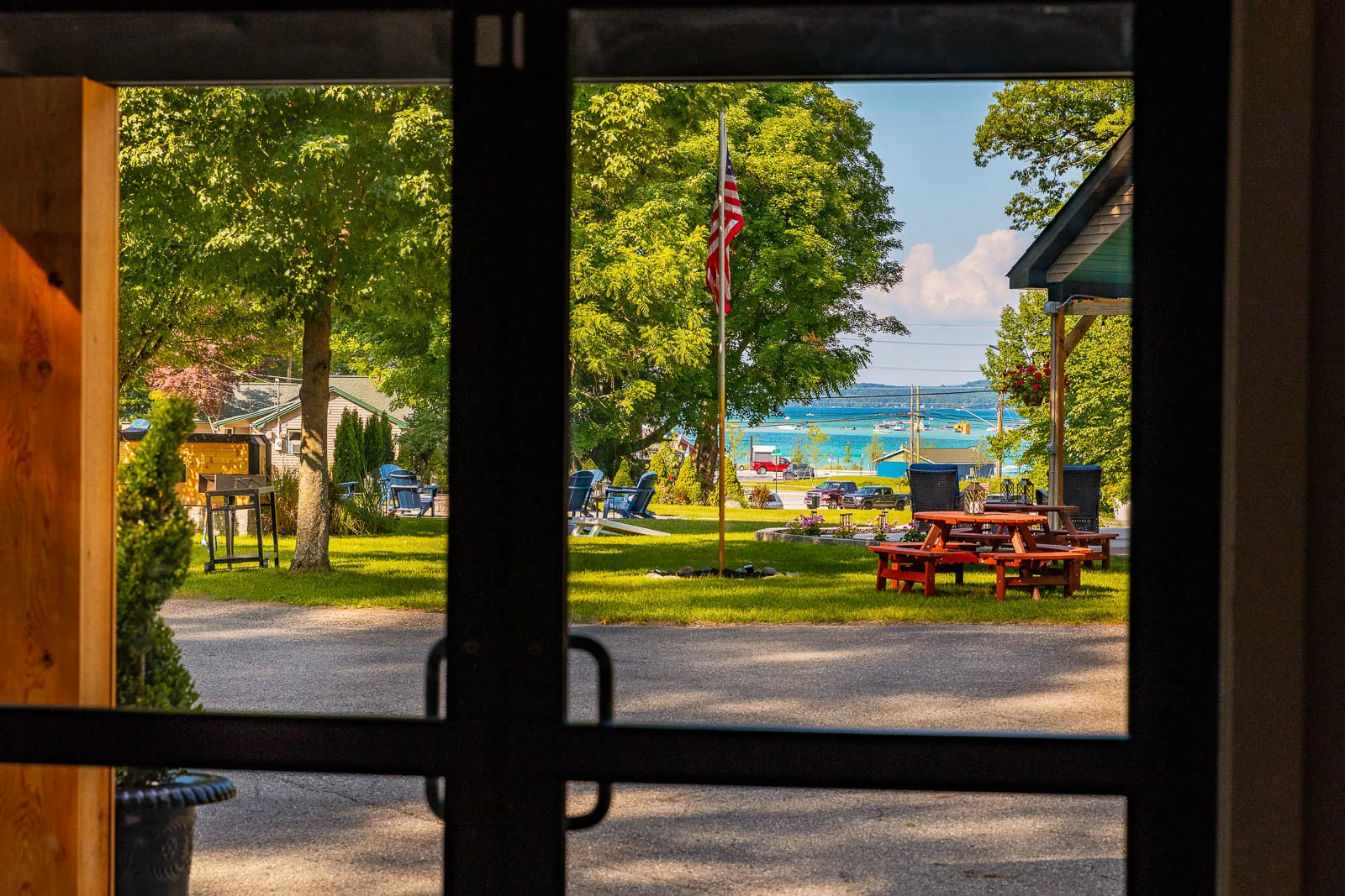 View through lodge doors toward Torch Lake