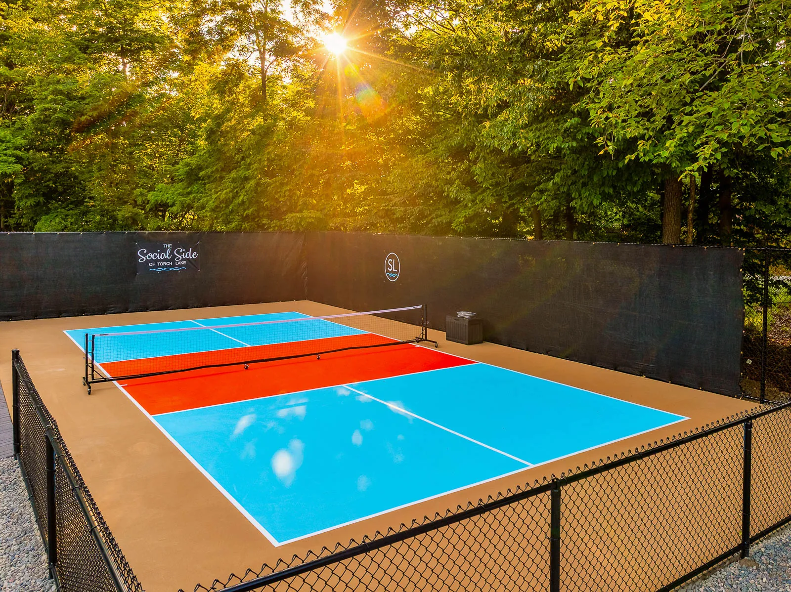 Pickleball court at sunset