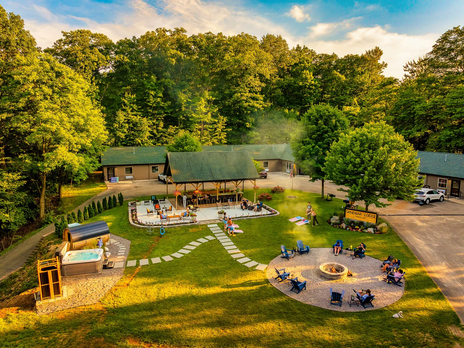 Aerial view of The Sandbar Lodge resort grounds