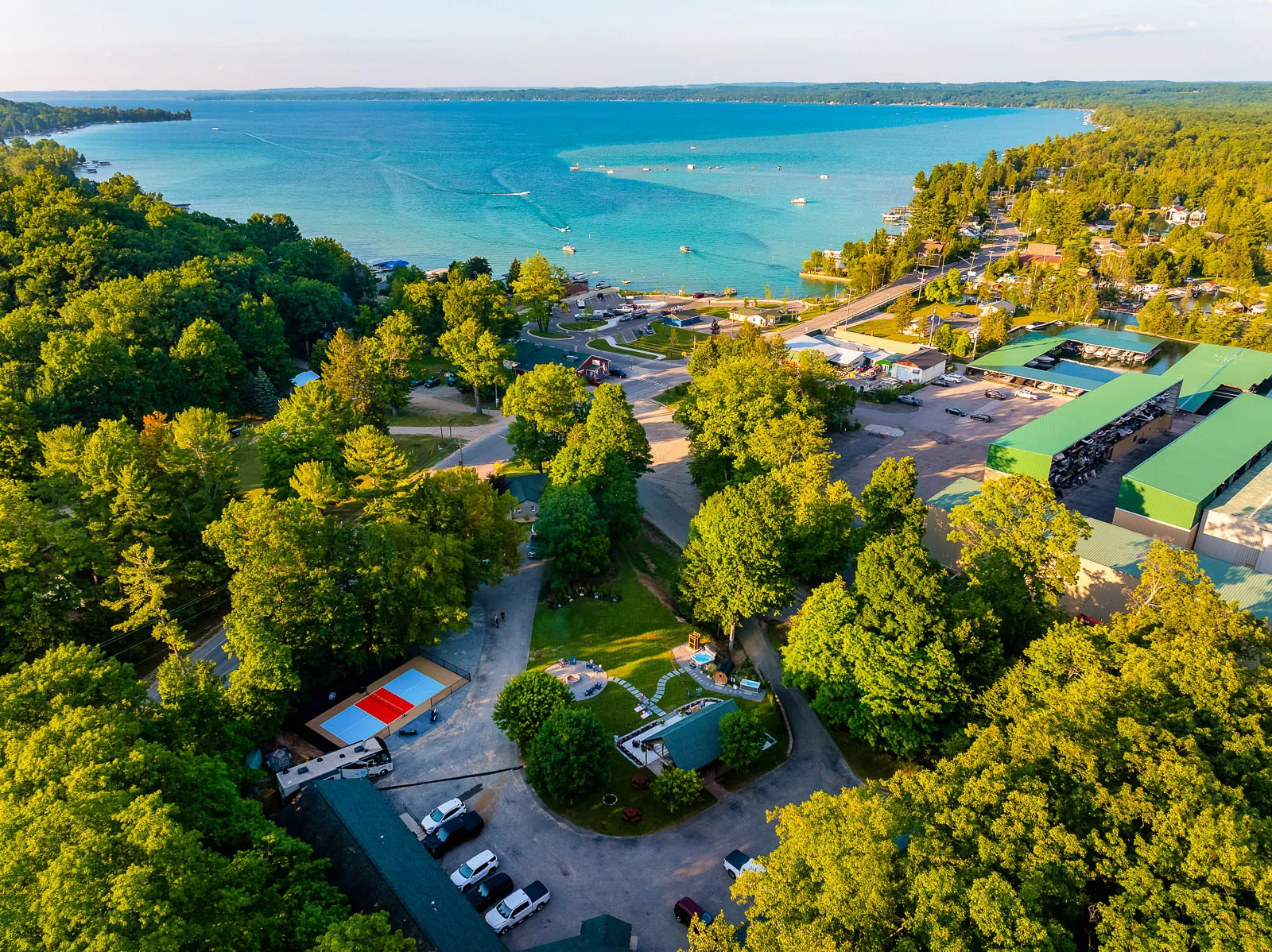 Aerial view of Torch Lake and the south shore near The Sandbar Lodge