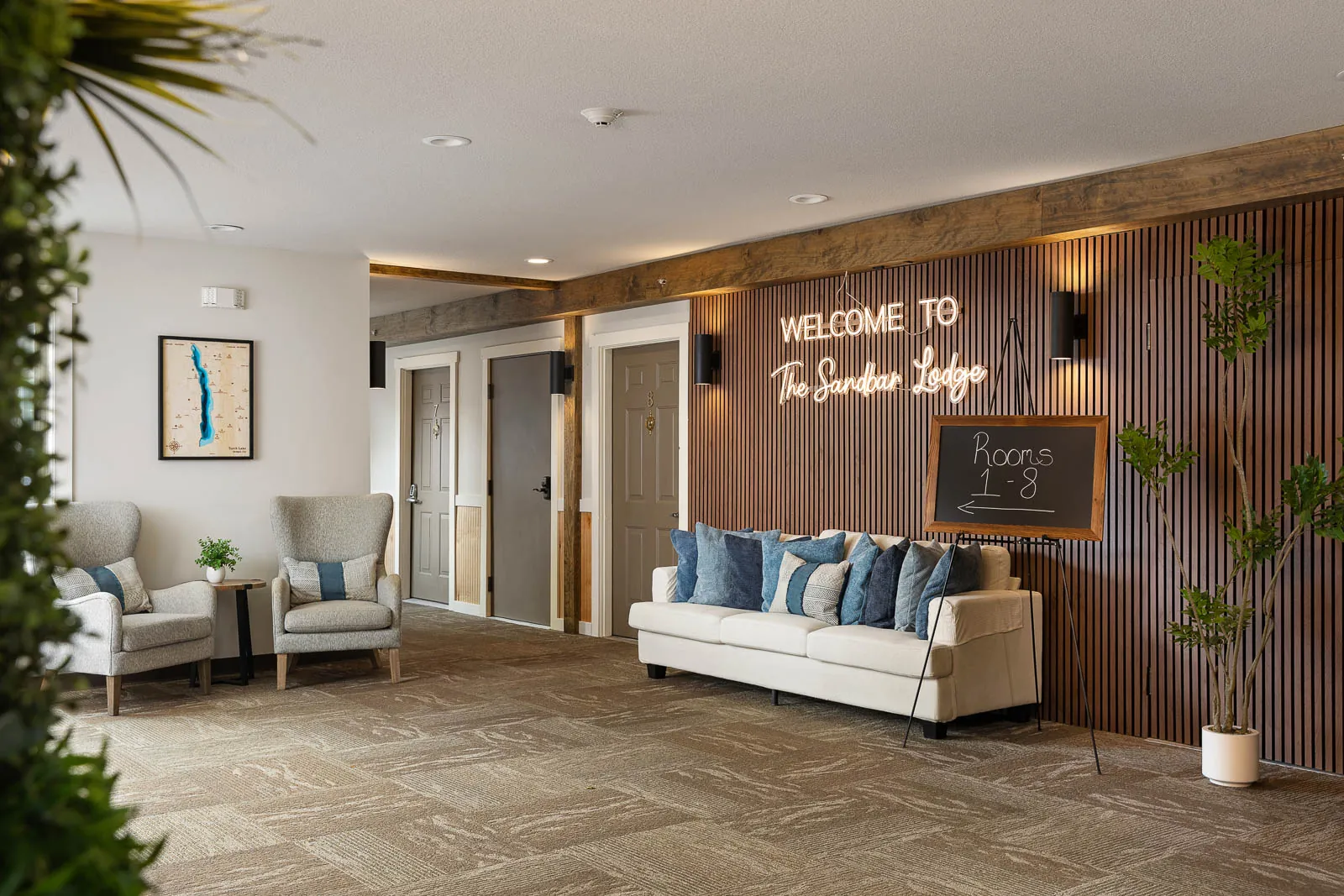 Welcome lounge inside The Sandbar Lodge