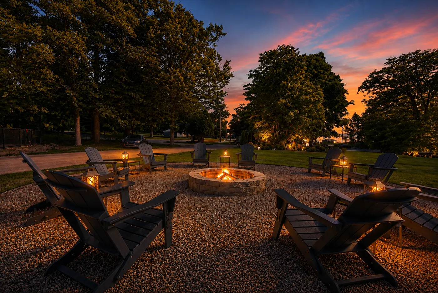 Outdoor firepit seating circle at twilight