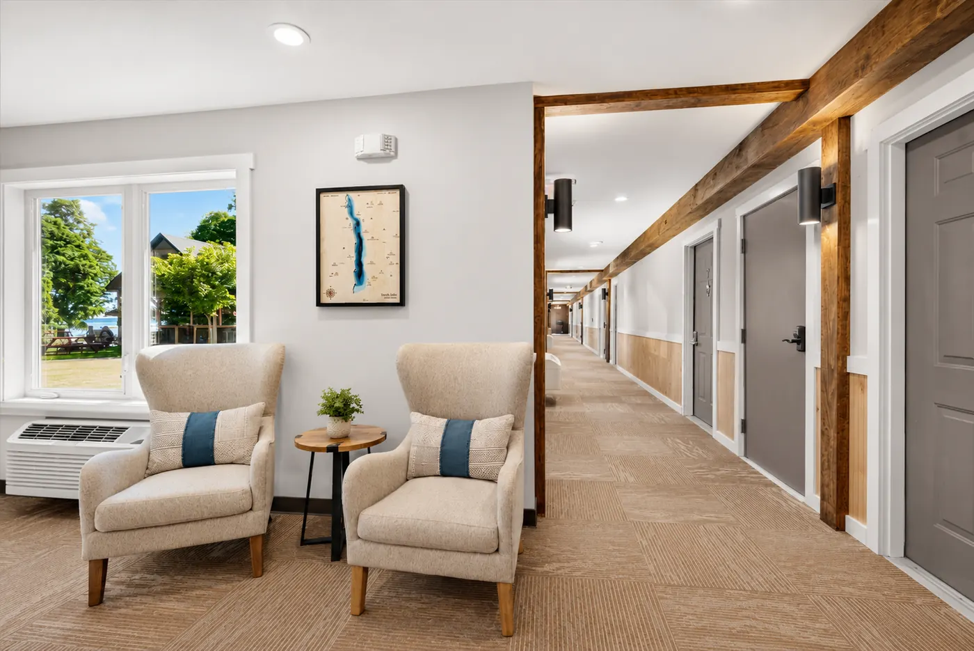 Guest hallway and sitting area at Sandbar Lodge