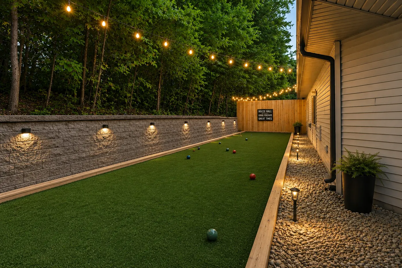 Outdoor bocce court with string lights