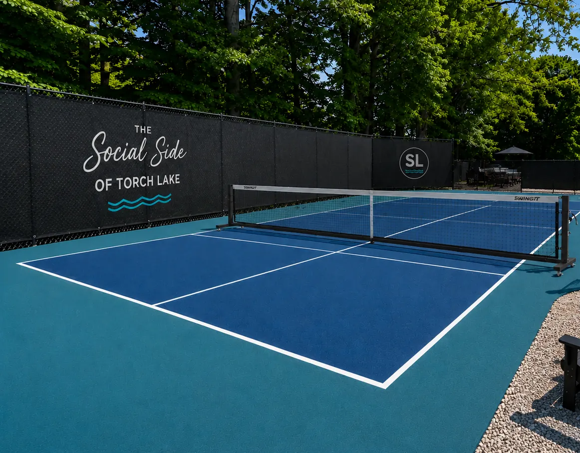 Pickleball court with Sandbar Lodge branding