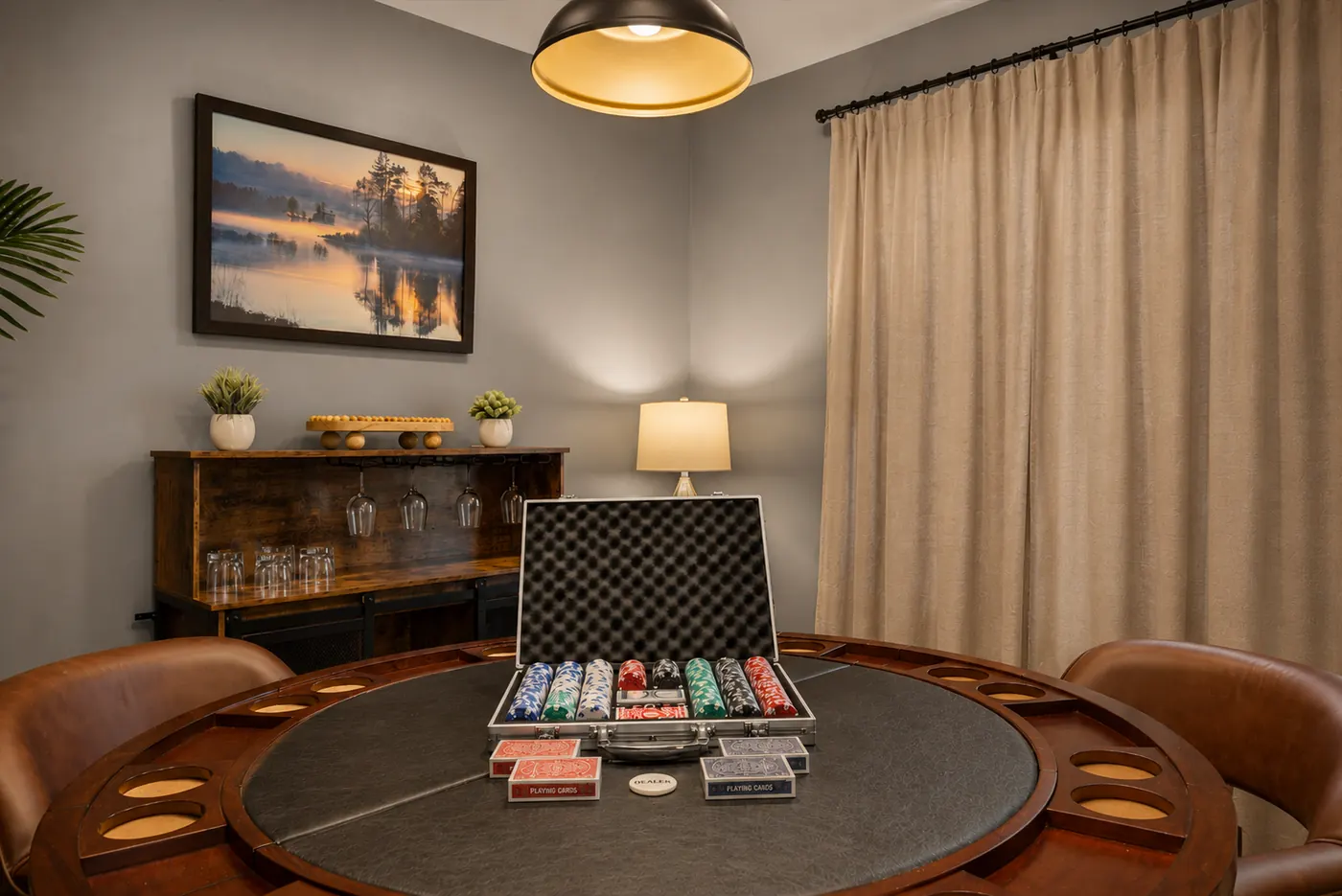 Poker table and bar setup in the speakeasy room