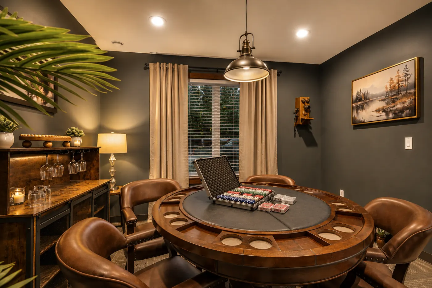 Speakeasy poker room with card table and warm lighting