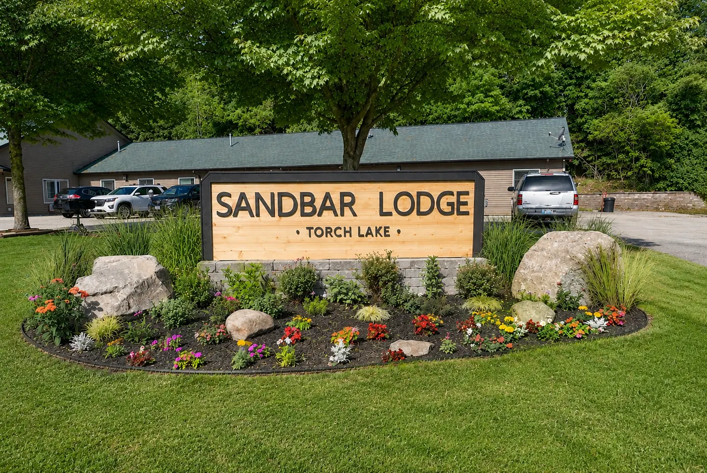 Sandbar Lodge sign with fresh landscaping