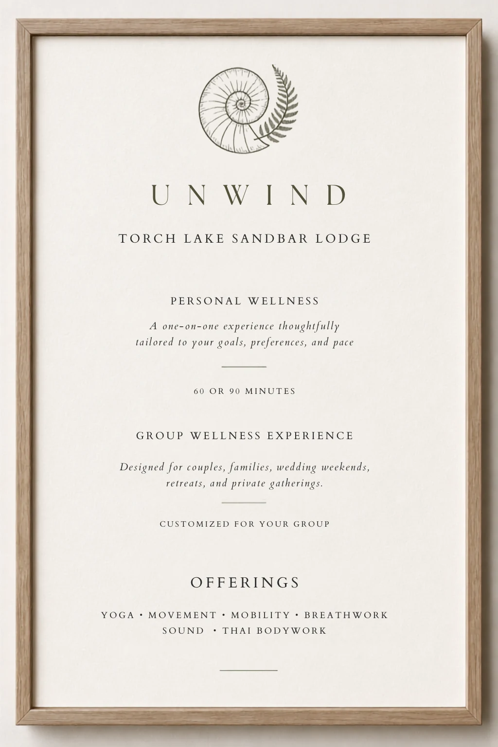 Unwind at Torch Lake Sandbar Lodge wellness menu featuring personal and group sessions in yoga, movement, mobility, breathwork, sound, and Thai bodywork